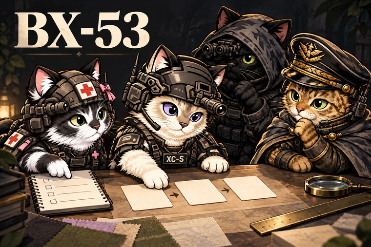BX-53の比較・準備の観点を固有の場面で導入する。猫たちが確認カードや記録ノートで比較の観点を整理する場面